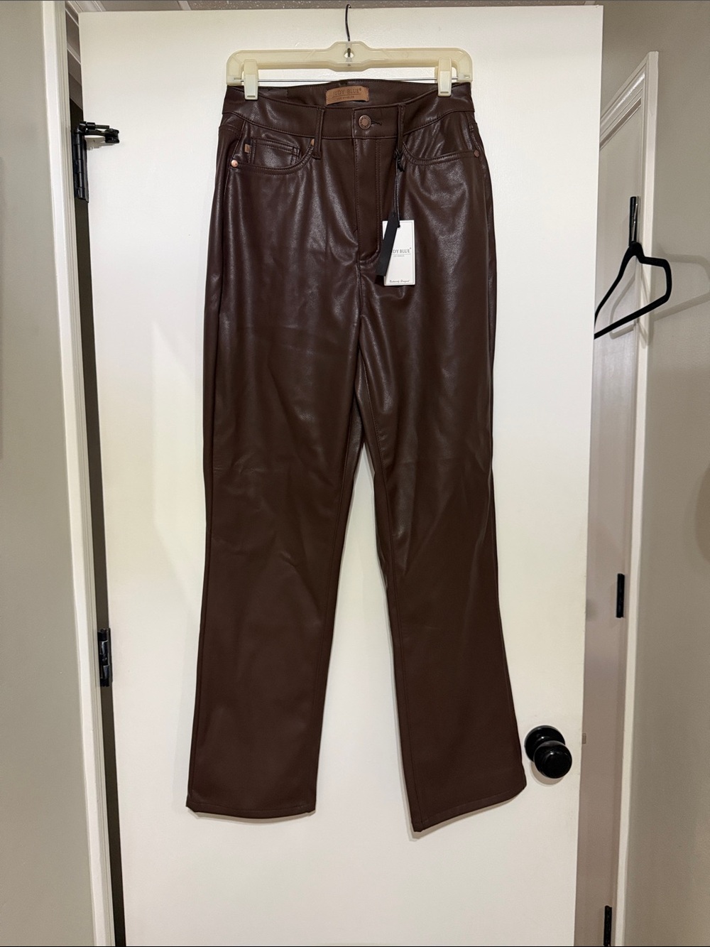 Judy Blue Brown Faux Leather Straight-Leg Pants Tummy Control